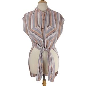 Holding Horses Striped Button Up Tunic Top Sleeveless Shirt‎ Pockets - Women's